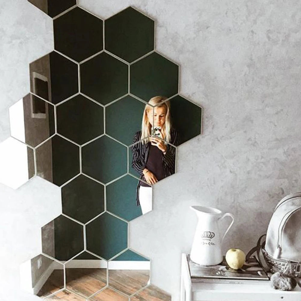 Stunning 3D Hexagon Mirror Wall Stickers in Rose Gold – Perfect for DIY Home Decor! Available in 6 or 12 pcs for Living Room, Bedroom, and Bathroom Makeovers.