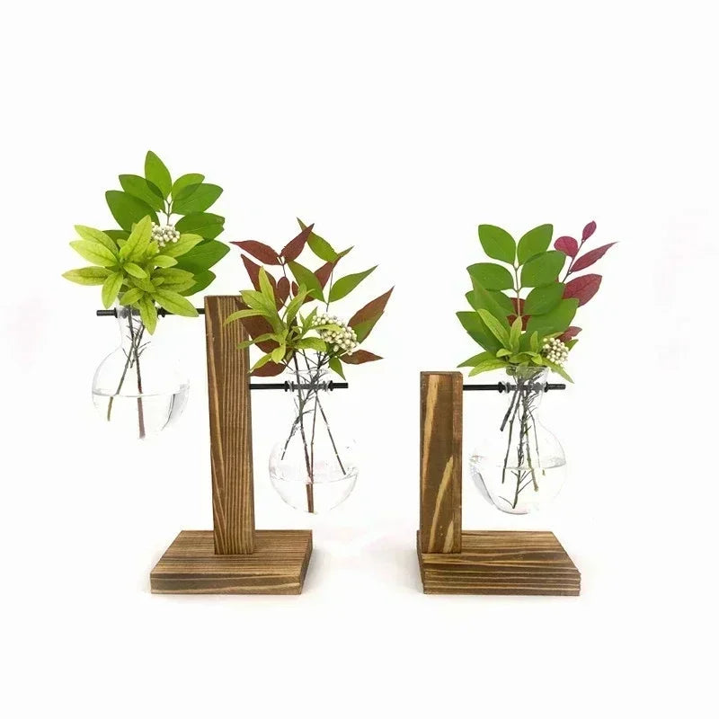 Elegant Vintage Terrarium Hydroponic Plant Vases - Transparent Glass Planters with Wooden Frame for Stunning Tabletop Bonsai Home Decor