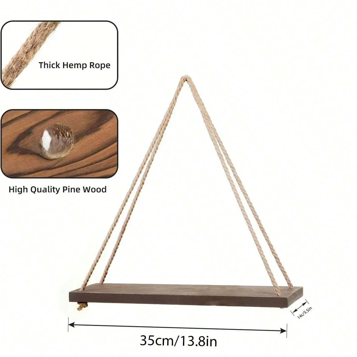 Charming Wooden Swing Shelf with Hemp Rope β Perfect Wall-Mounted Floating Storage for Your Home, Living Room, or Garden Decor!