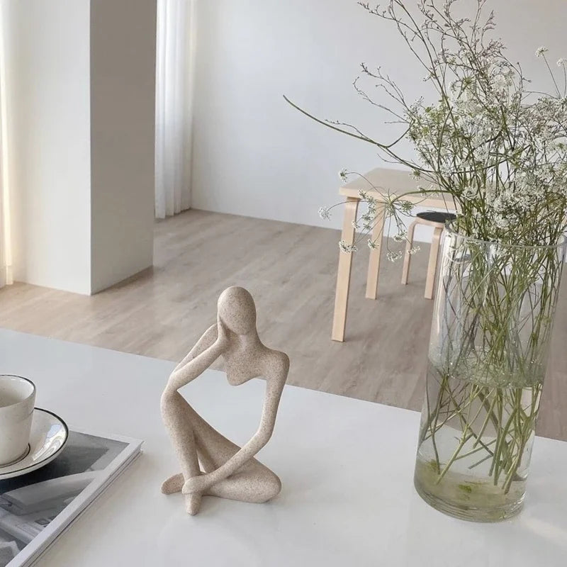 Elegant Sand Color Thinker Abstract Sculpture - Yoga Figurine for Stylish Nordic Home Decor and Desk Accents