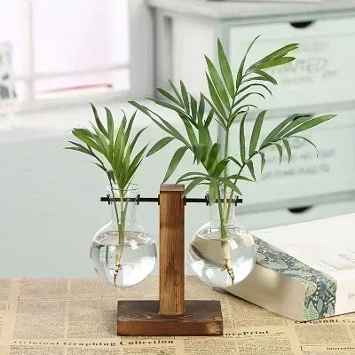 Elegant Vintage Terrarium Hydroponic Plant Vases - Transparent Glass Planters with Wooden Frame for Stunning Tabletop Bonsai Home Decor