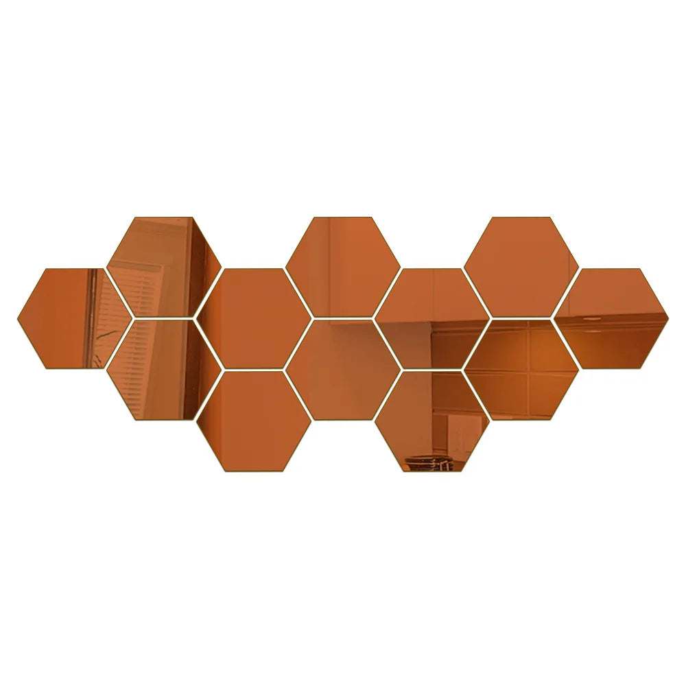 Stunning 3D Hexagon Mirror Wall Stickers in Rose Gold – Perfect for DIY Home Decor! Available in 6 or 12 pcs for Living Room, Bedroom, and Bathroom Makeovers.
