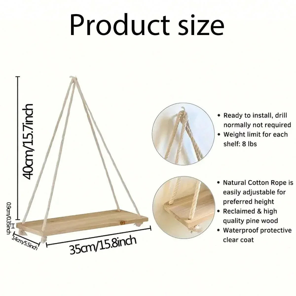 Charming Wooden Swing Shelf with Hemp Rope β Perfect Wall-Mounted Floating Storage for Your Home, Living Room, or Garden Decor!