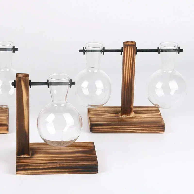 Elegant Vintage Terrarium Hydroponic Plant Vases - Transparent Glass Planters with Wooden Frame for Stunning Tabletop Bonsai Home Decor