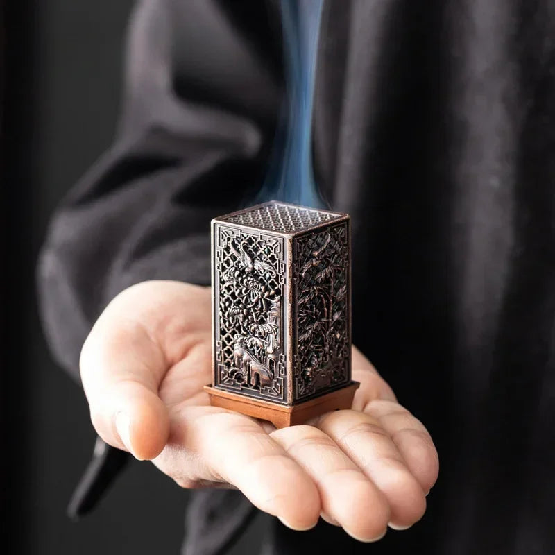 Elegant Square Vertical Incense Burner - Small Xiangyun Alloy Holder for Indoor Aromatherapy and Home Décor, Inspired by Traditional Chinese Plum Incense Burners