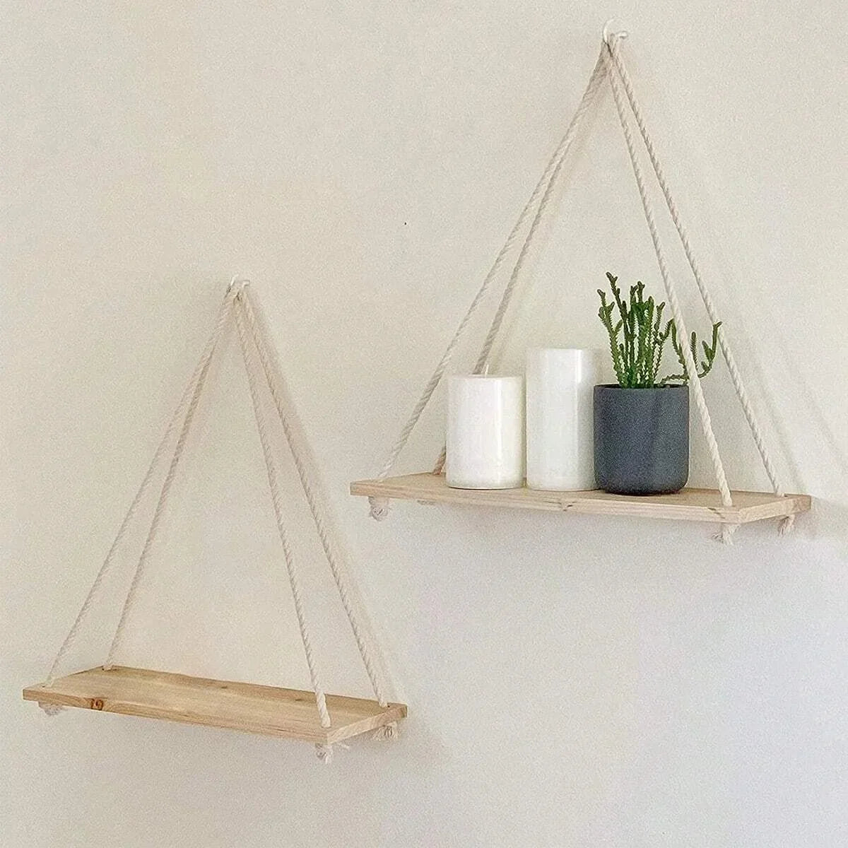 Charming Wooden Swing Shelf with Hemp Rope β Perfect Wall-Mounted Floating Storage for Your Home, Living Room, or Garden Decor!