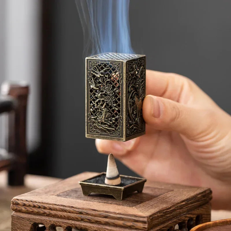 Elegant Square Vertical Incense Burner - Small Xiangyun Alloy Holder for Indoor Aromatherapy and Home Décor, Inspired by Traditional Chinese Plum Incense Burners