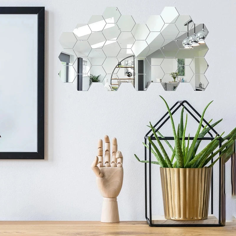 Stunning 3D Hexagon Mirror Wall Stickers in Rose Gold – Perfect for DIY Home Decor! Available in 6 or 12 pcs for Living Room, Bedroom, and Bathroom Makeovers.