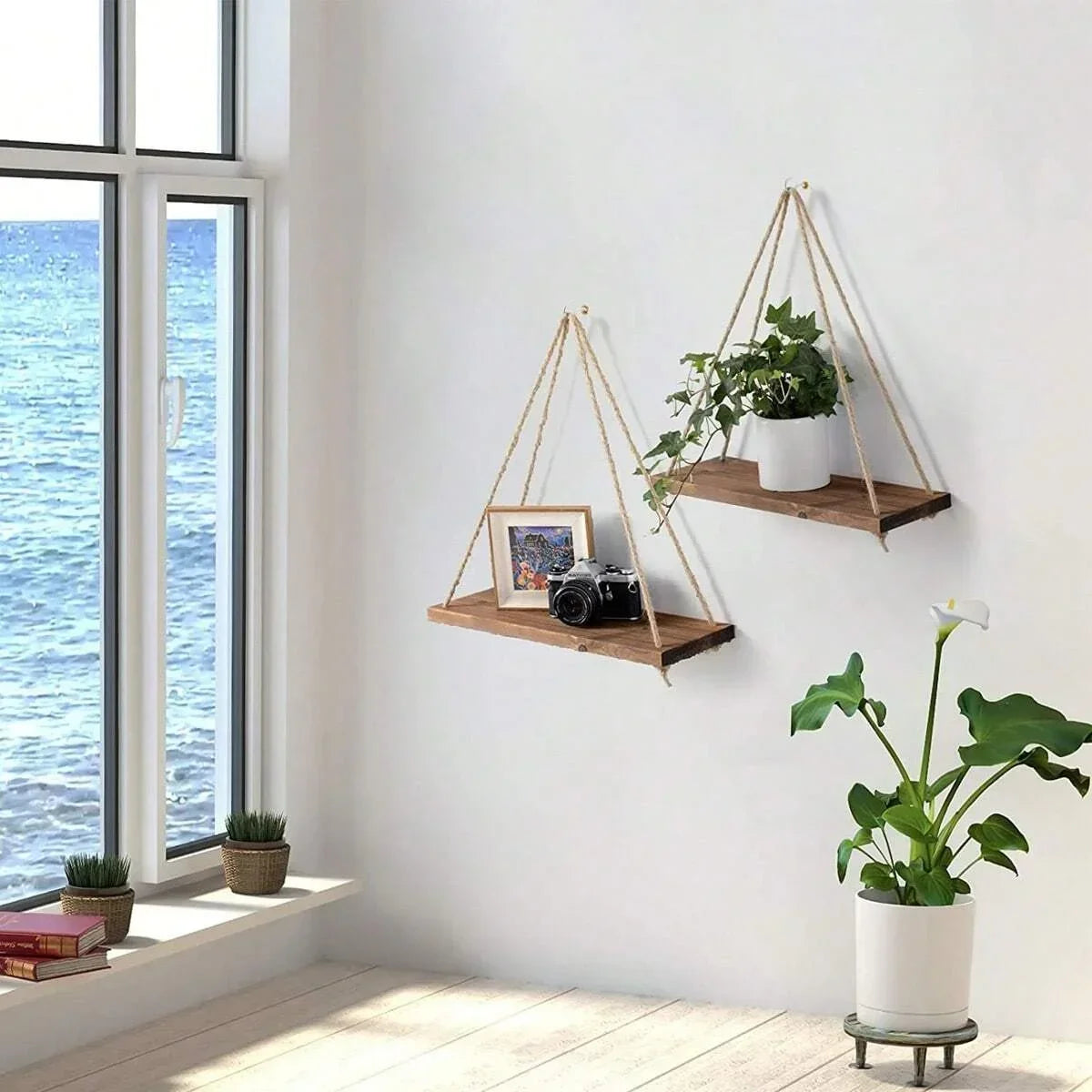 Charming Wooden Swing Shelf with Hemp Rope β Perfect Wall-Mounted Floating Storage for Your Home, Living Room, or Garden Decor!