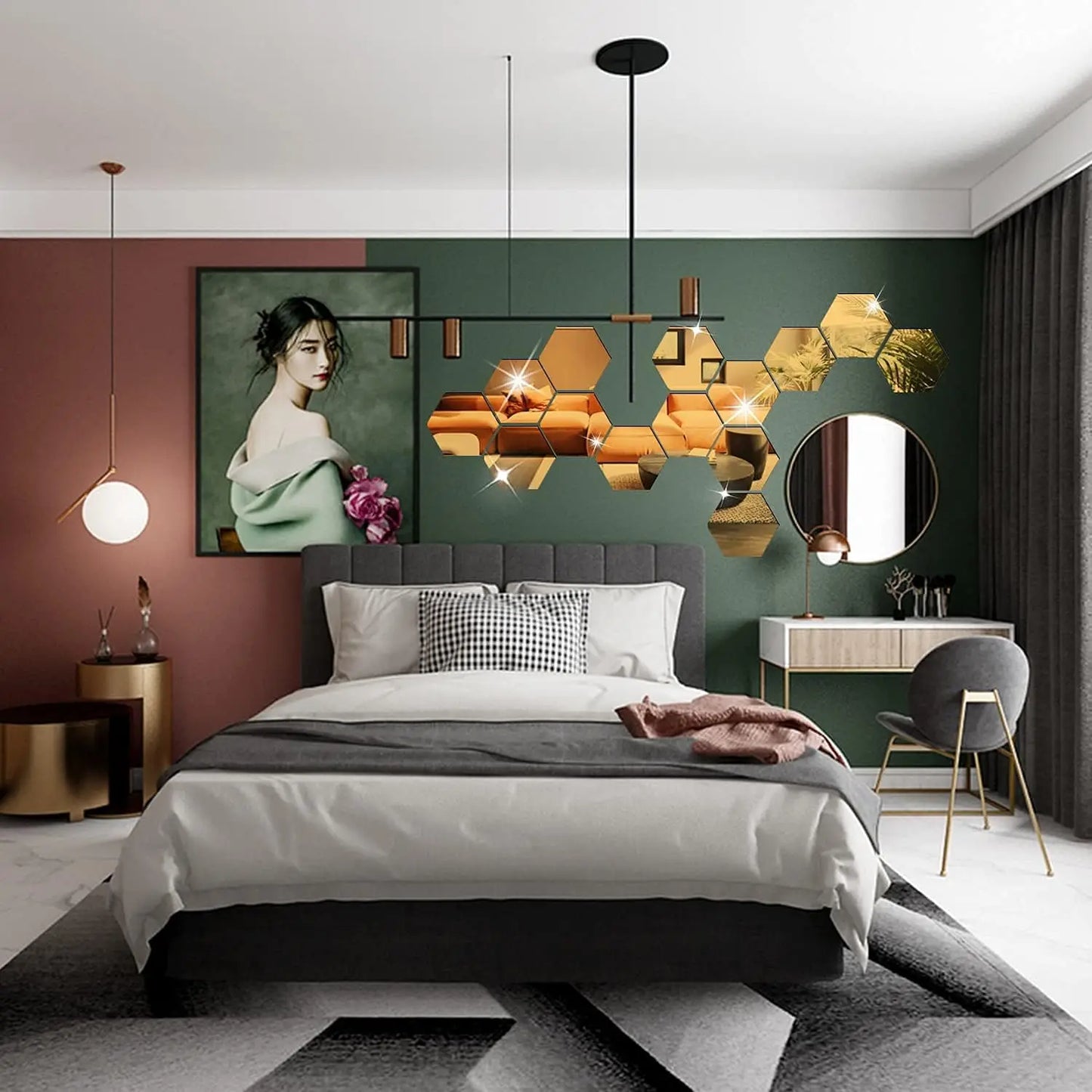 Stunning 3D Hexagon Mirror Wall Stickers in Rose Gold – Perfect for DIY Home Decor! Available in 6 or 12 pcs for Living Room, Bedroom, and Bathroom Makeovers.