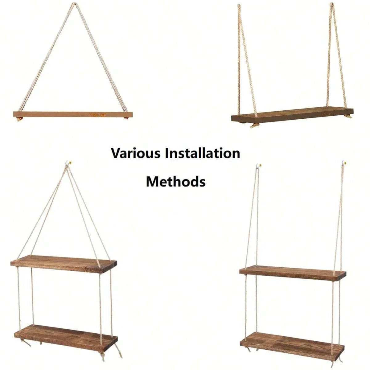 Charming Wooden Swing Shelf with Hemp Rope β Perfect Wall-Mounted Floating Storage for Your Home, Living Room, or Garden Decor!