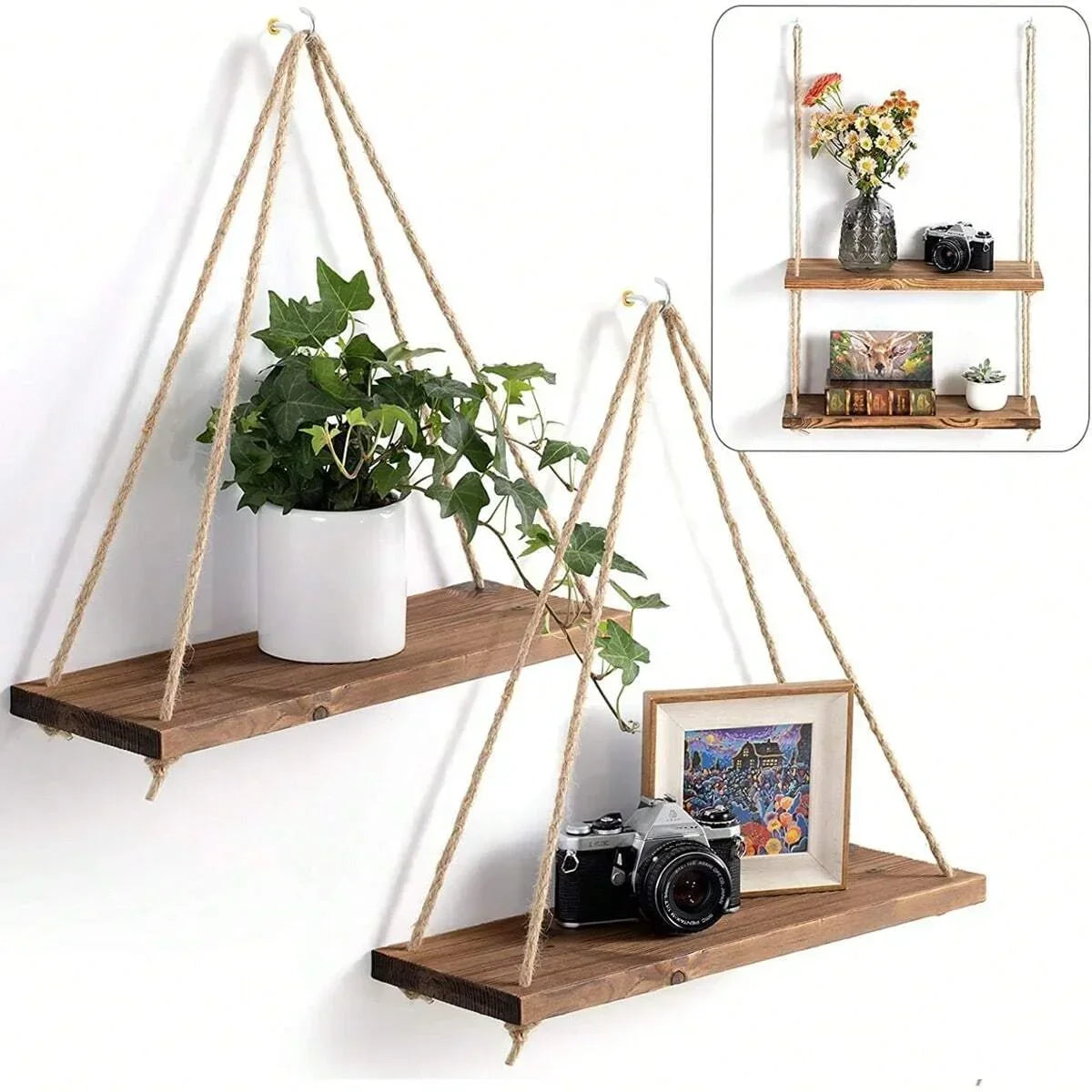 Charming Wooden Swing Shelf with Hemp Rope β Perfect Wall-Mounted Floating Storage for Your Home, Living Room, or Garden Decor!