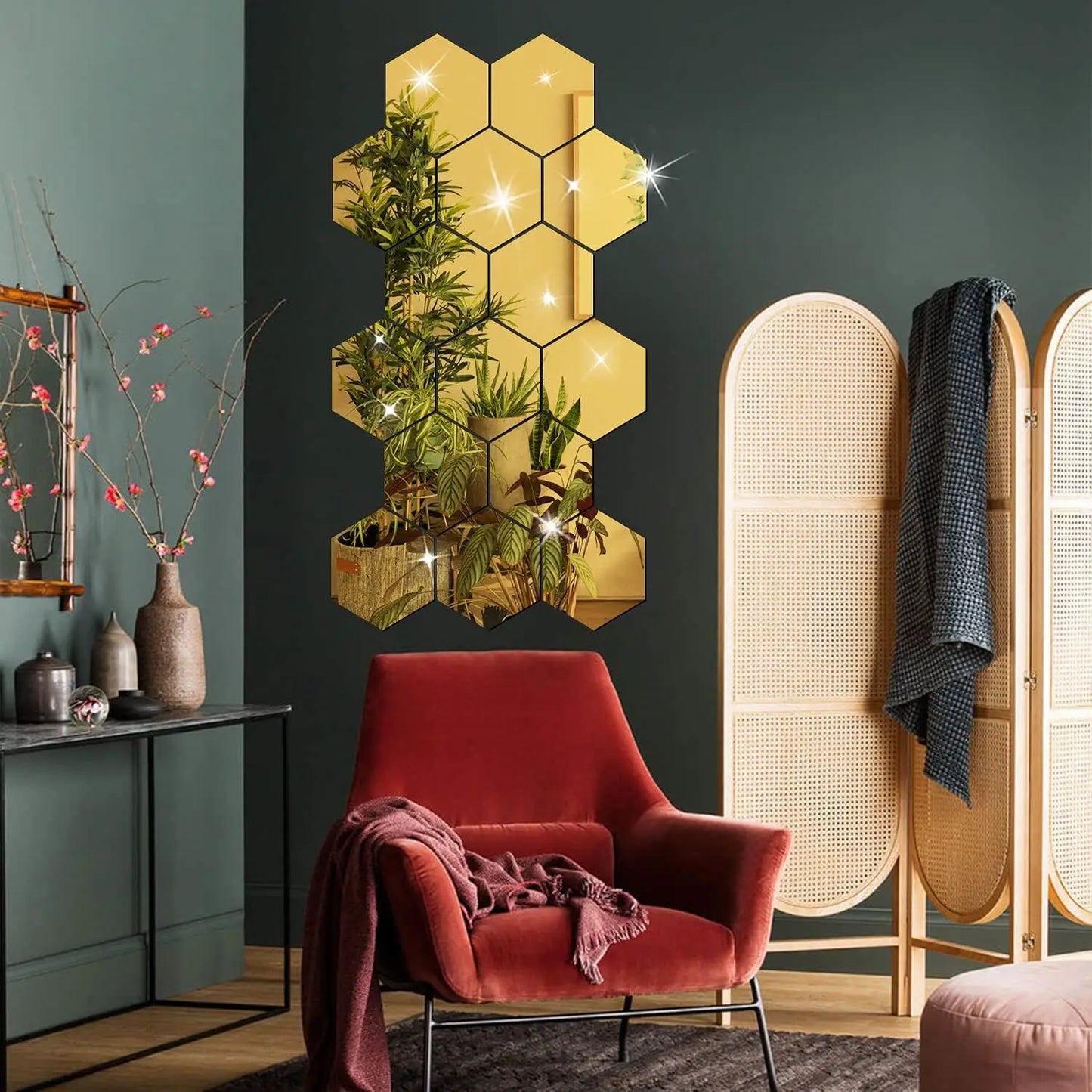 Stunning 3D Hexagon Mirror Wall Stickers in Rose Gold – Perfect for DIY Home Decor! Available in 6 or 12 pcs for Living Room, Bedroom, and Bathroom Makeovers.