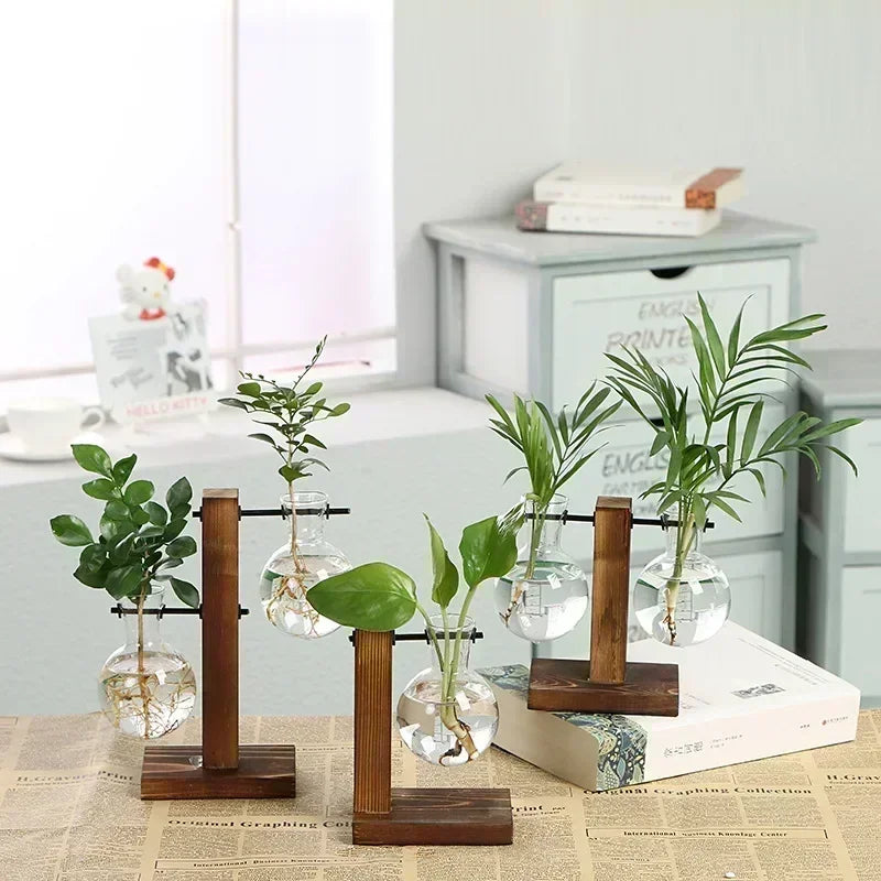 Elegant Vintage Terrarium Hydroponic Plant Vases - Transparent Glass Planters with Wooden Frame for Stunning Tabletop Bonsai Home Decor