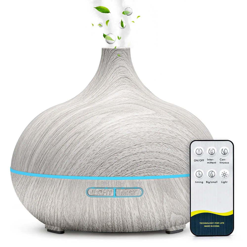 Stylish 500Ml Aromatherapy Diffuser with Wood Grain and Remote Control – Ultrasonic Humidifier with 7 Color LED Lighting