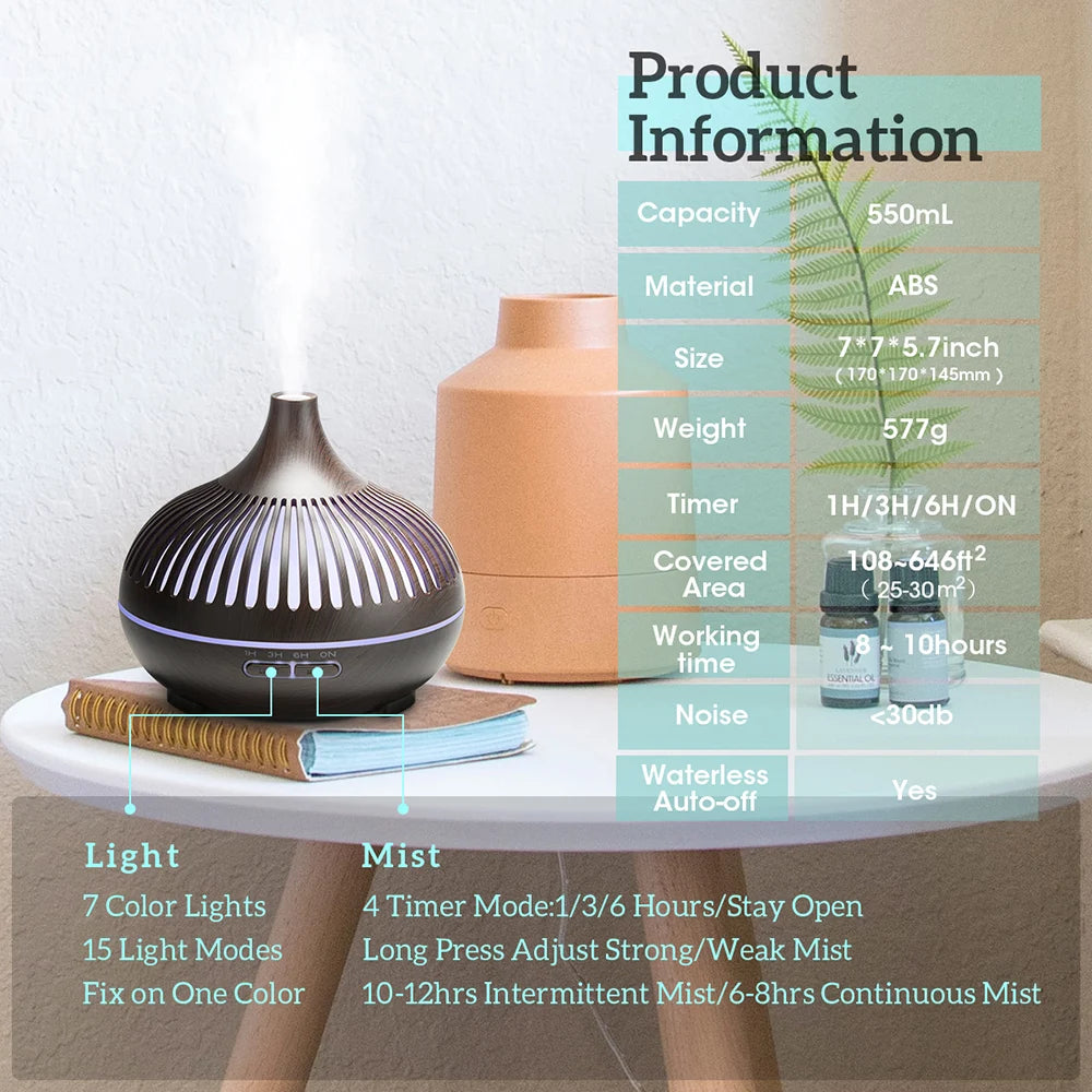 Stylish 500Ml Aromatherapy Diffuser with Wood Grain and Remote Control – Ultrasonic Humidifier with 7 Color LED Lighting