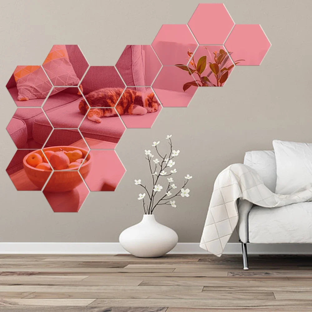 Stunning 3D Hexagon Mirror Wall Stickers in Rose Gold – Perfect for DIY Home Decor! Available in 6 or 12 pcs for Living Room, Bedroom, and Bathroom Makeovers.