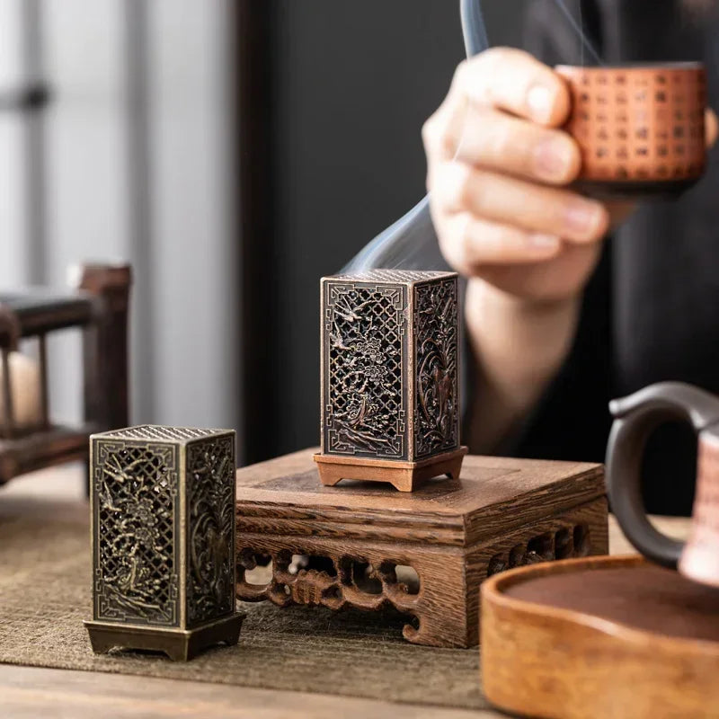 Elegant Square Vertical Incense Burner - Small Xiangyun Alloy Holder for Indoor Aromatherapy and Home Décor, Inspired by Traditional Chinese Plum Incense Burners