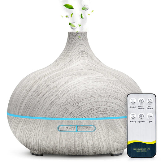 Stylish 500Ml Aromatherapy Diffuser with Wood Grain and Remote Control – Ultrasonic Humidifier with 7 Color LED Lighting