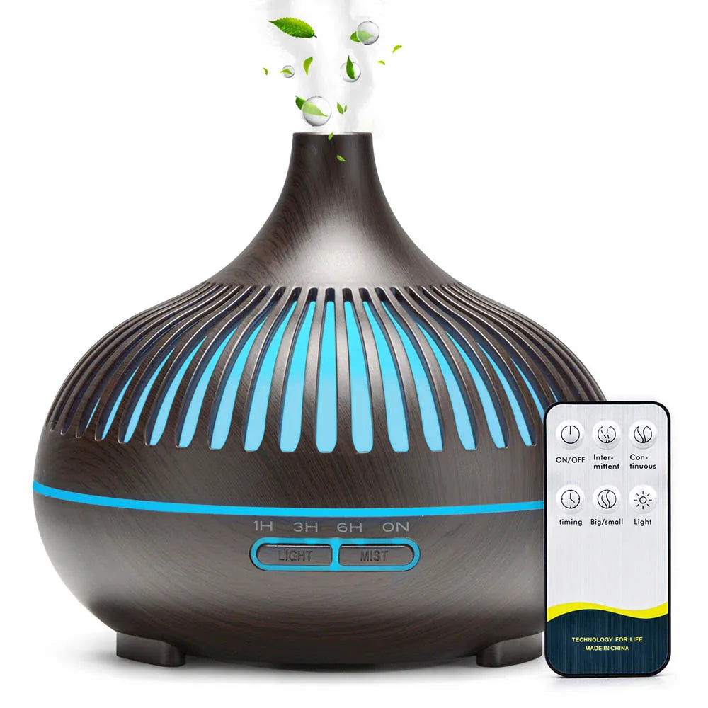 Stylish 500Ml Aromatherapy Diffuser with Wood Grain and Remote Control – Ultrasonic Humidifier with 7 Color LED Lighting