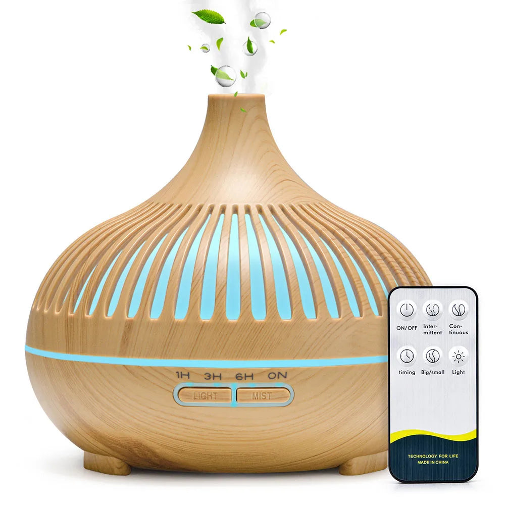 Stylish 500Ml Aromatherapy Diffuser with Wood Grain and Remote Control – Ultrasonic Humidifier with 7 Color LED Lighting